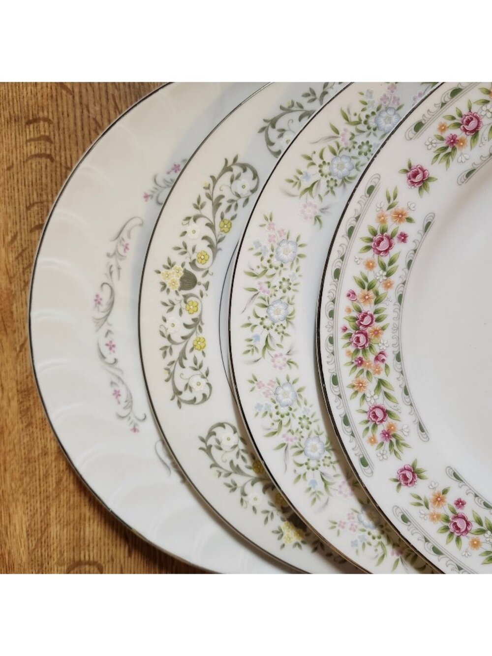 Mismatched Fine China ~10.25" Dinner Plates Flowers Silver Rims Porcelain